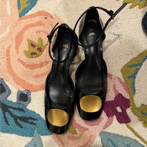 Zara Black Patent Leather Heels with Gold Toe Accent